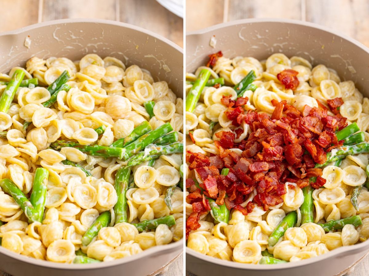 A pan of asparagus, pasta, and sauce with bacon on top.