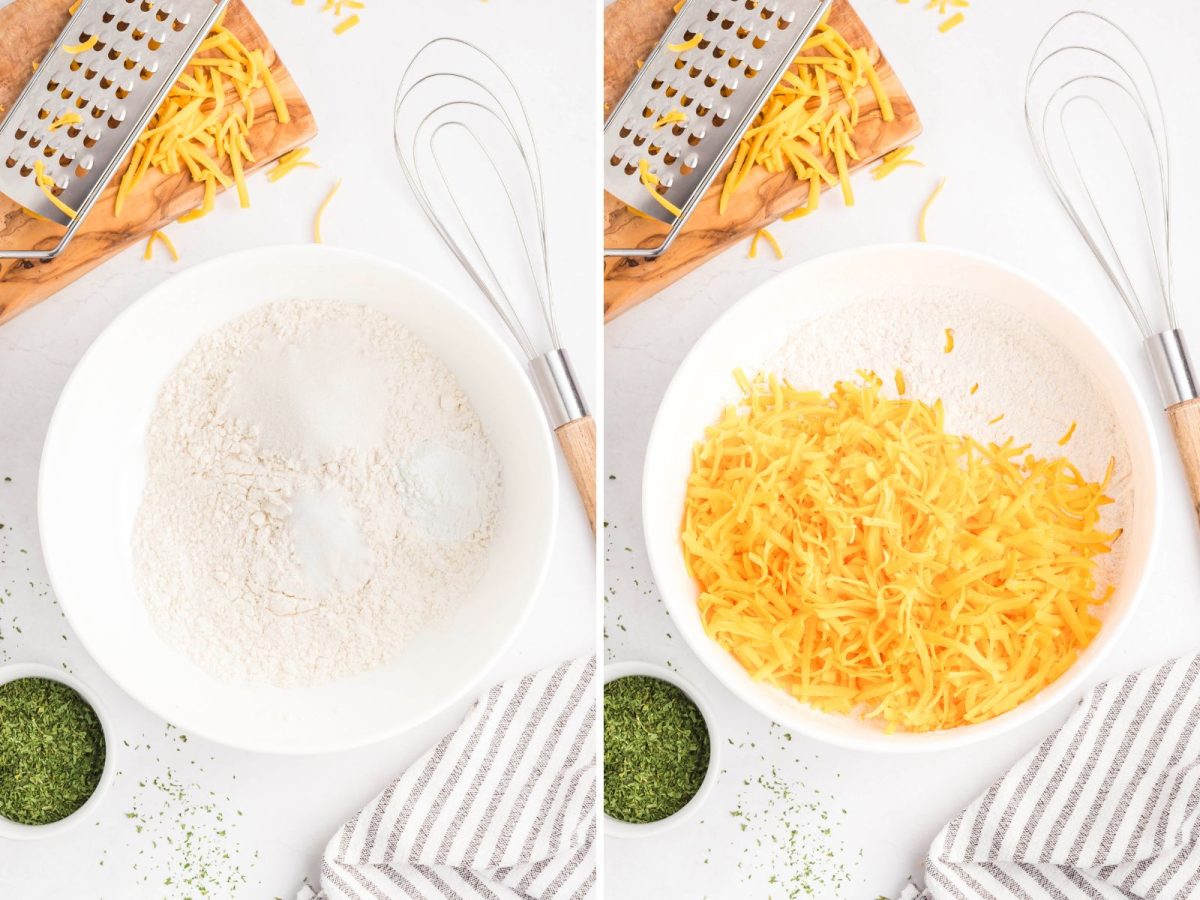A bowl of dry ingredients and then cheese being added to the mix.