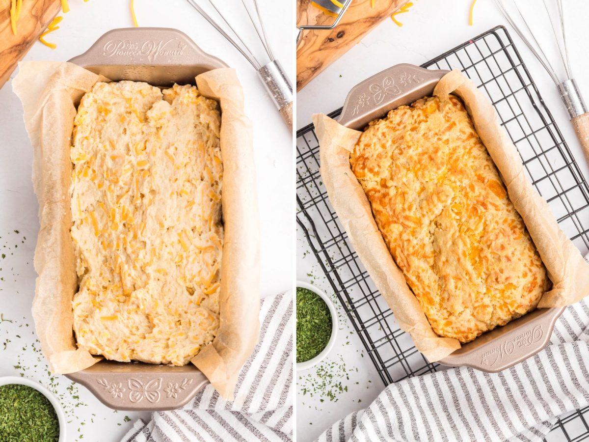 Bread batter in a parchment paper lined pan and a loaf pan of Cheddar Bay Biscuit Bread. 