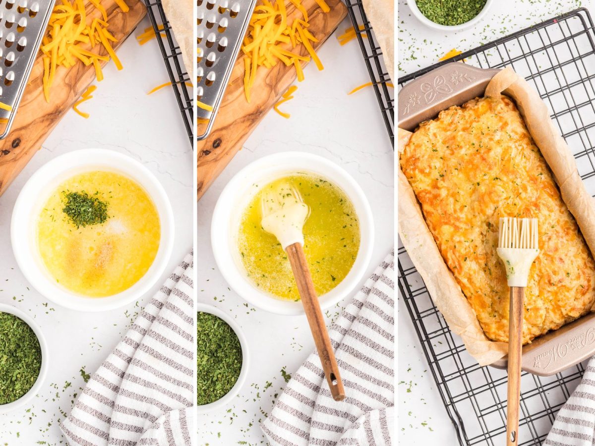 A garlic butter and herb mixture in a bowl then being spread over bread with a pastry brush.