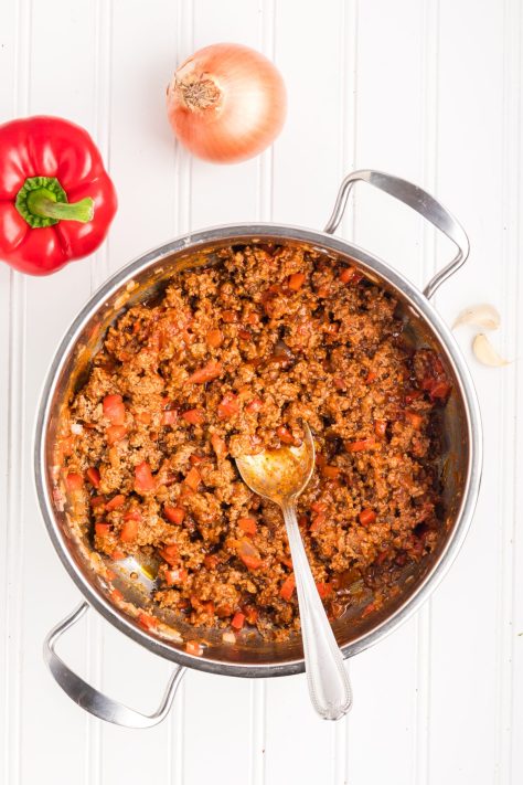 A beef mixture in a skillet.