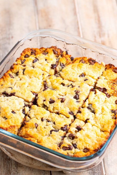 Chocolate Chip butter swim biscuits in a baking dish.