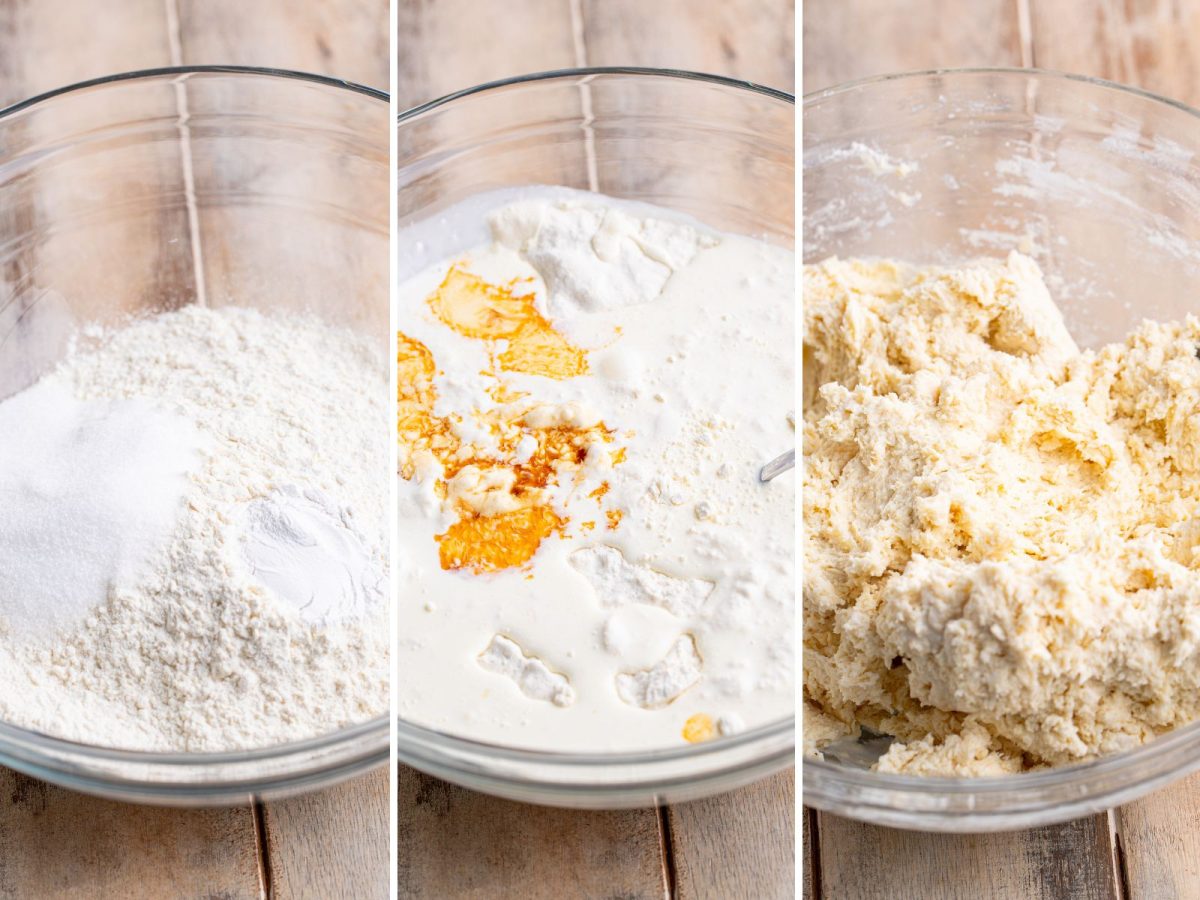 Dry ingredients in a bowl starting to mix with the wet ingredients to make a biscuit dough.