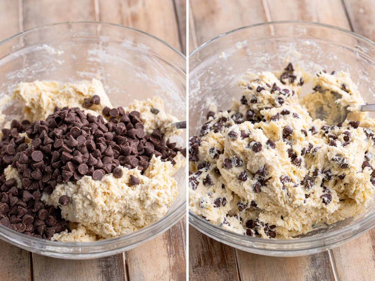 Chocolate chips being added to biscuit dough.