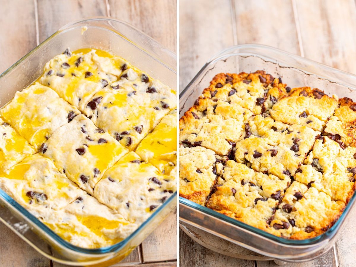 Biscuit dough and melted butter in a dish being cut and then baked Chocolate Chip Butter Swim Biscuits in a baking dish.