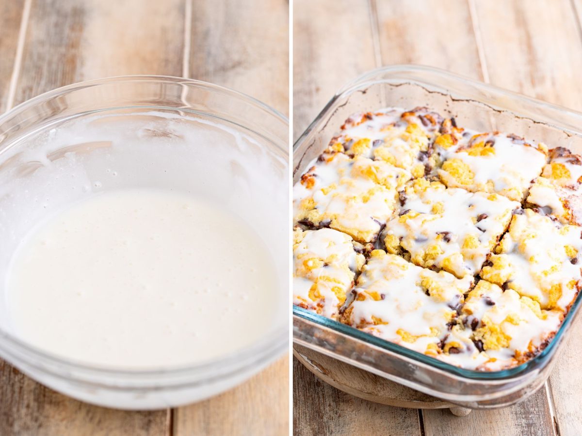 A glaze in a bowl then drizzled over chocolate chip biscuits. 