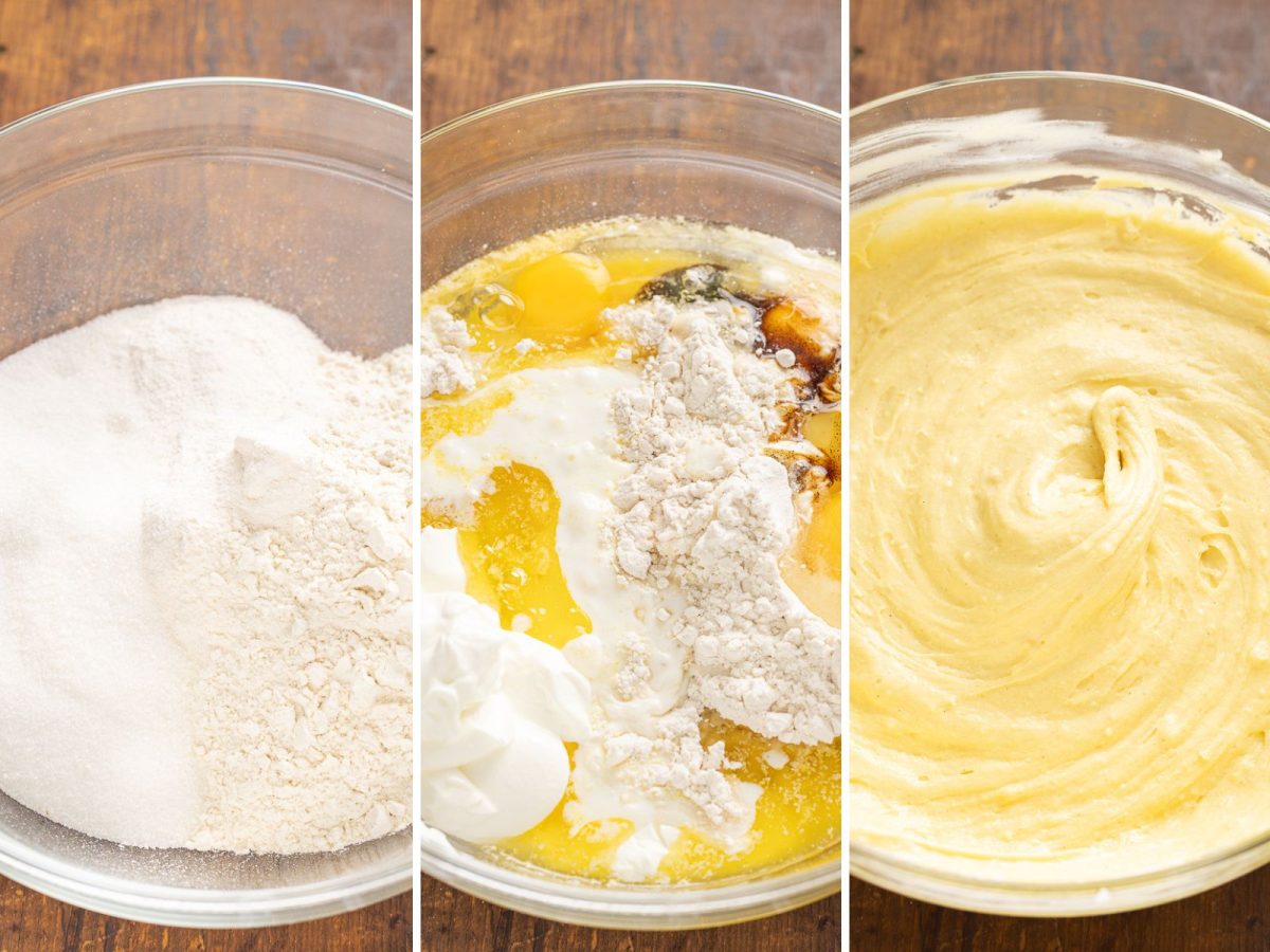 A bowl with cake batter ingredients and a cake batter.
