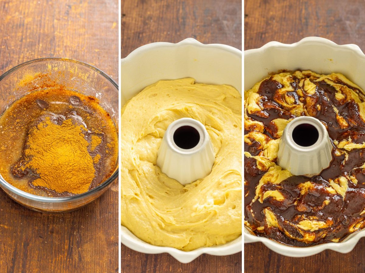 Cinnamon swirl mixture in a bowl, a bundt cake with cake batter and then cinnamon swirl on top.