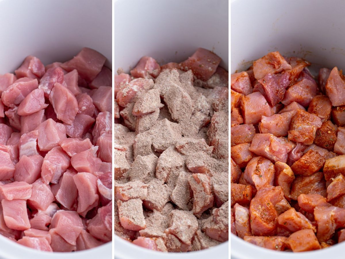 Pork cubes being seasoned in a Slow Cooker.