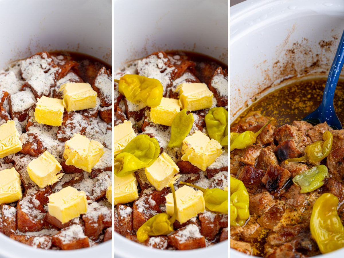 Cubes of butter and pepperoncini being added to pork bites and cooked Mississippi Pork Bites in a Slow Cooker.
