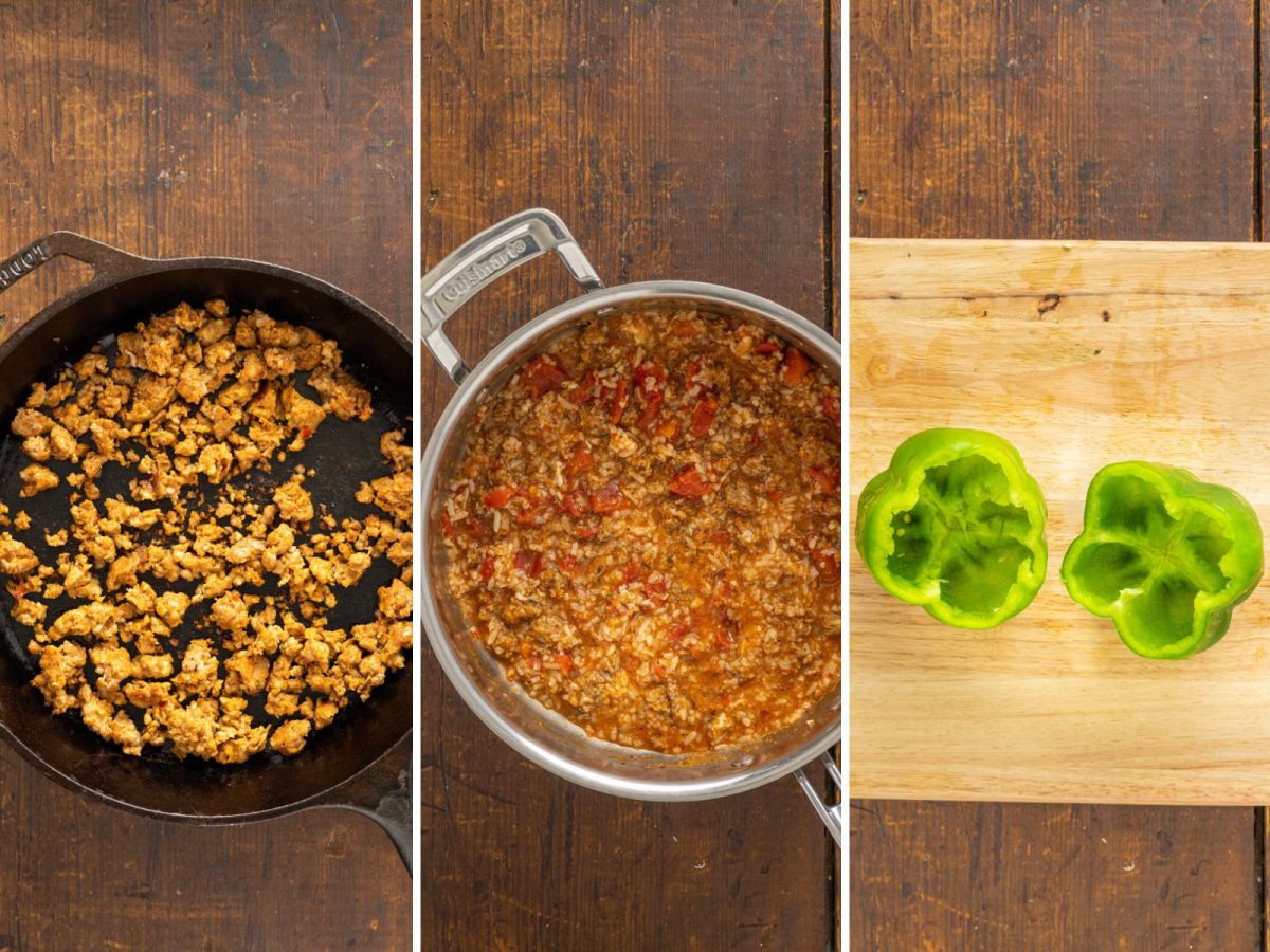 A skillet with cooked sausage, another skillet with stuffed pepper filing and a cutting board with two bell peppers with the tops cut off.