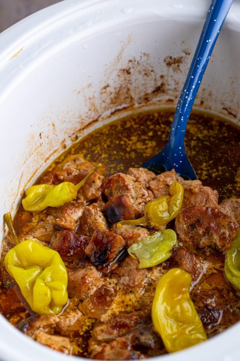 Cooked Mississippi Pork Bites with pepperoncini.