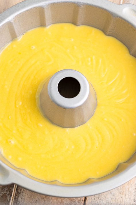Cake batter in a bundt pan.