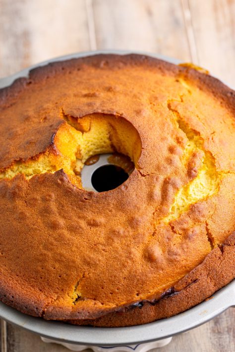 A baked Peach Cobbler Pound Cake.