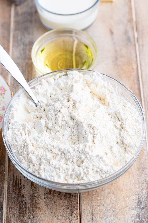 Dry ingredients for cake batter in a bowl.
