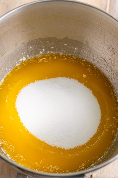 Sugar being added to wet ingredients for cake batter.