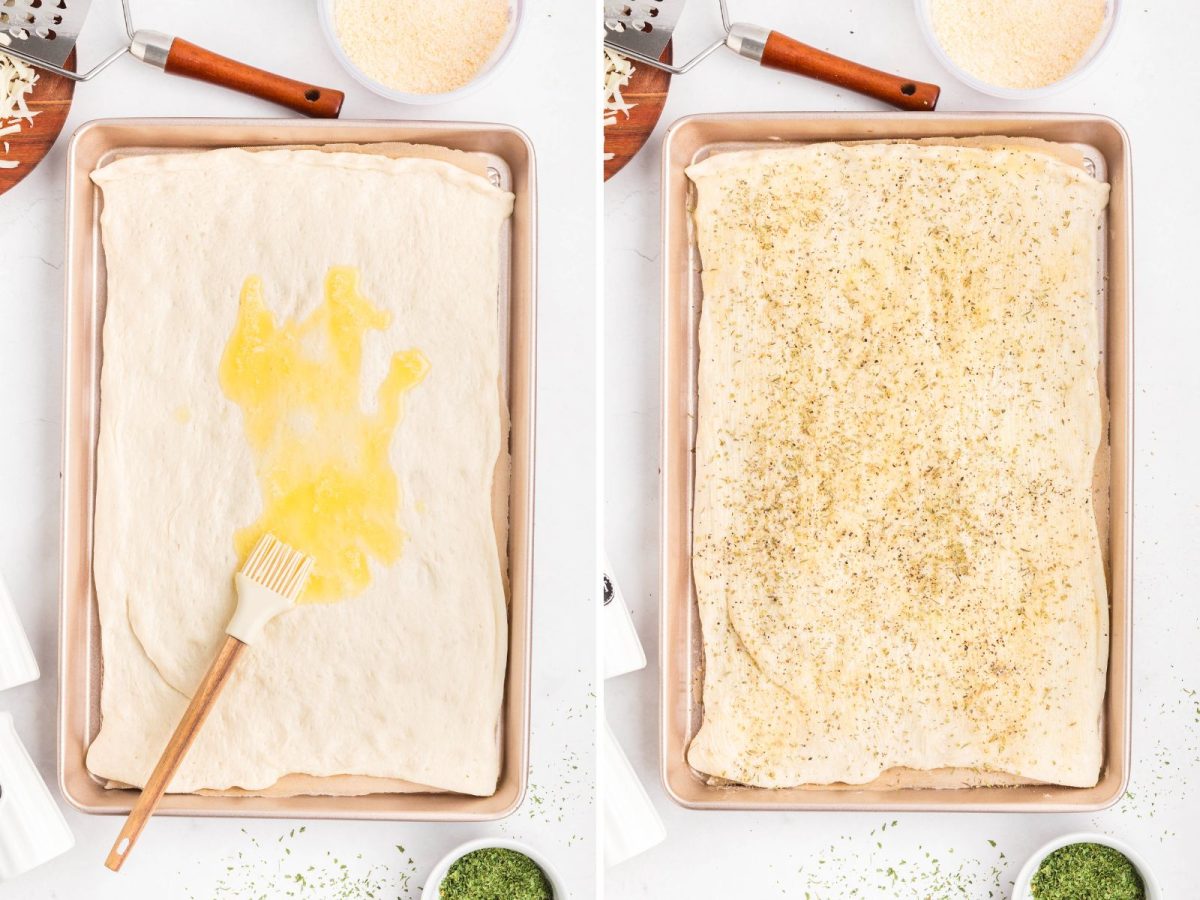 Melted butter on pizza dough adn cheeses on pizza dough.
