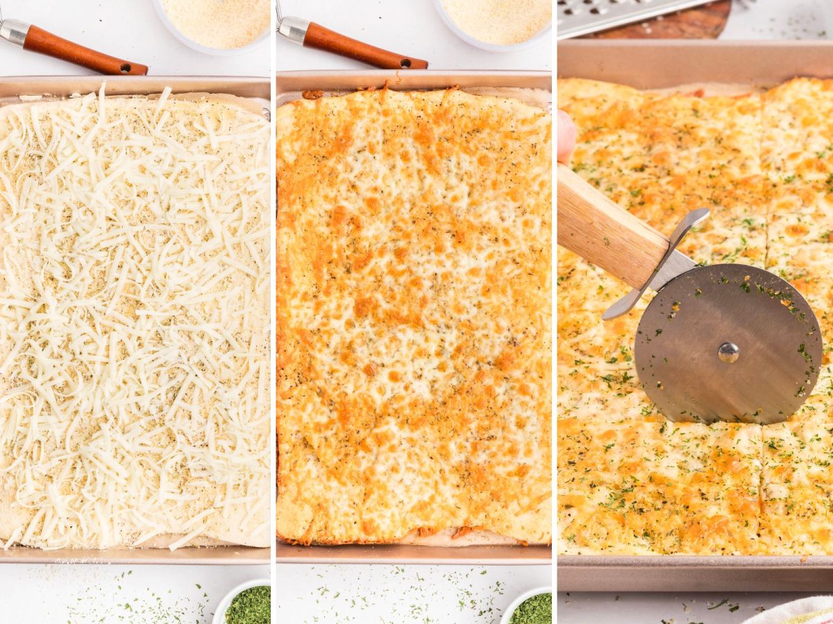 An unbaked Garlic Cheese Bread on Pizza dough, a baked and uncut garlic cheese bread and a pizza cutter cutting the pizza dough into garlic cheese bread pieces.