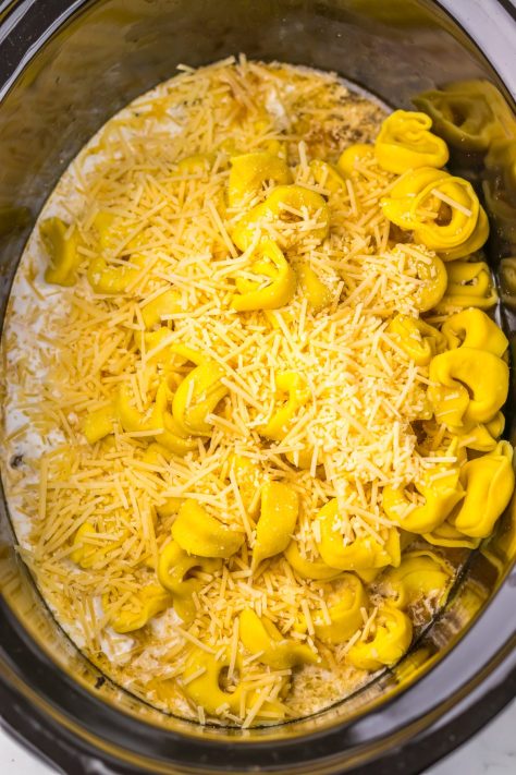 All the ingredients in a Slow Cooker for Steak Bites and Cheese Tortellini.