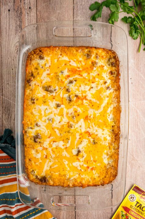 A baked beef Taco Rice Casserole in a baking dish.