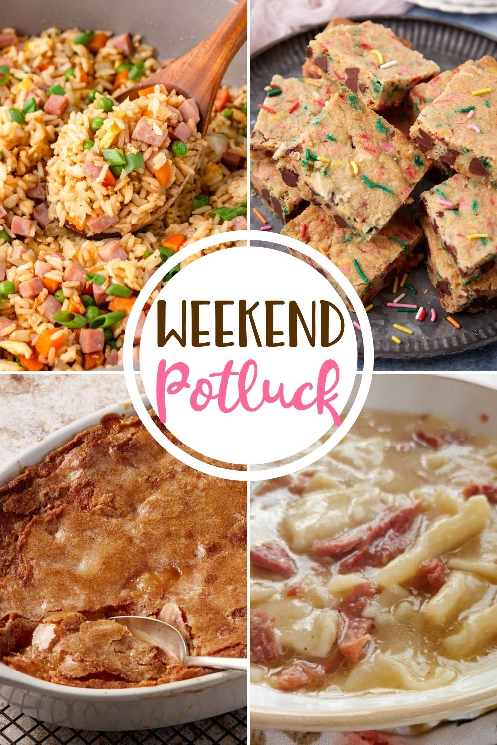 Weekend Potluck featured recipes include: Chewy Chocolate Chip Blondies, Ham Fried Rice, Peach Cobbler with Crackly Topping and Ham Dumplings!