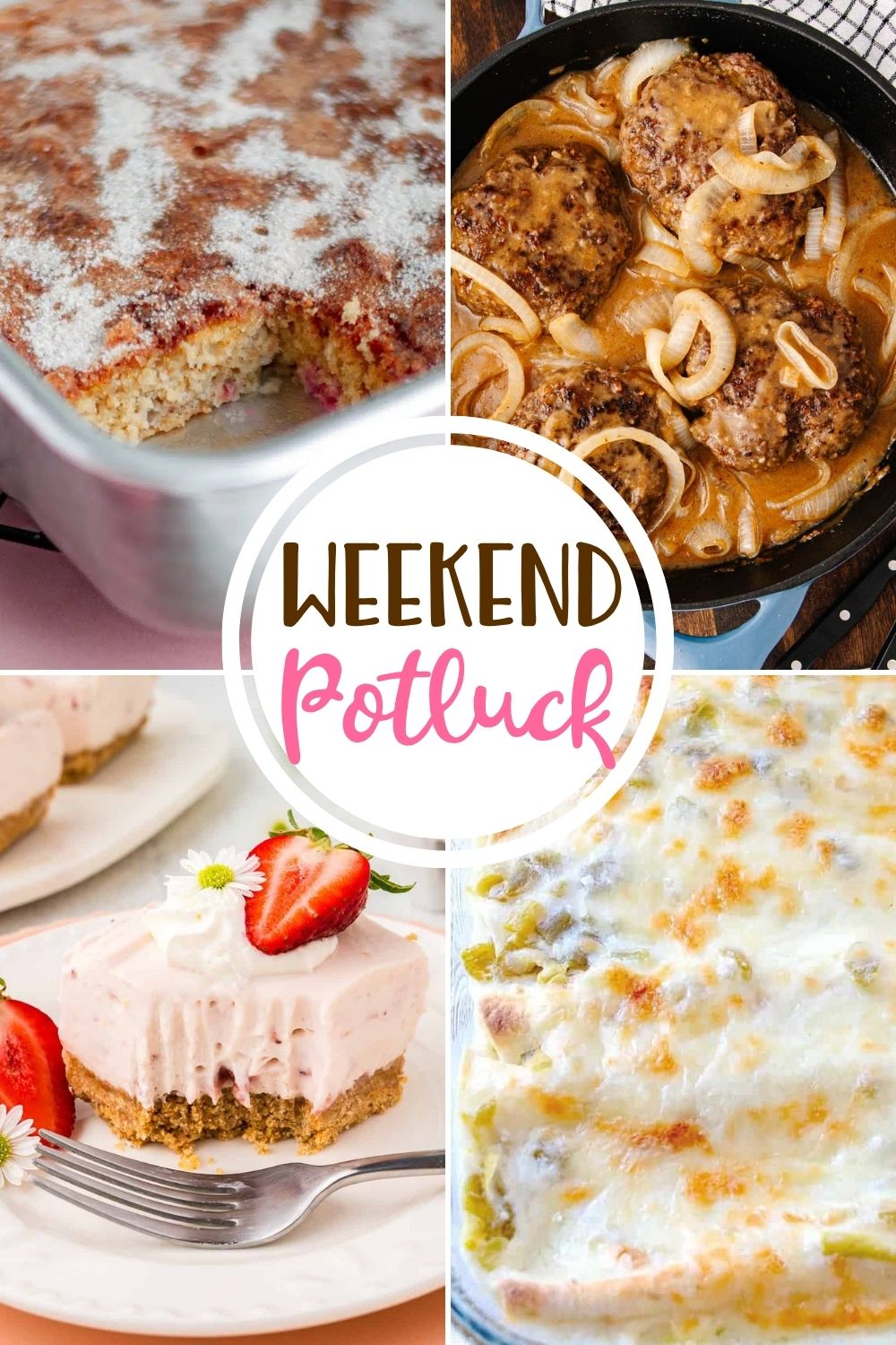 Rhubarb Cake from Our Love Language is Food! Our other popular recipes include: Hamburger Steaks with Onion Gravy from Intentional Hospitality, No Bake Strawberry Cheesecake Bars from Joyfully Mad and I am sharing one of my most favorite recipes ever - White Chicken Enchiladas