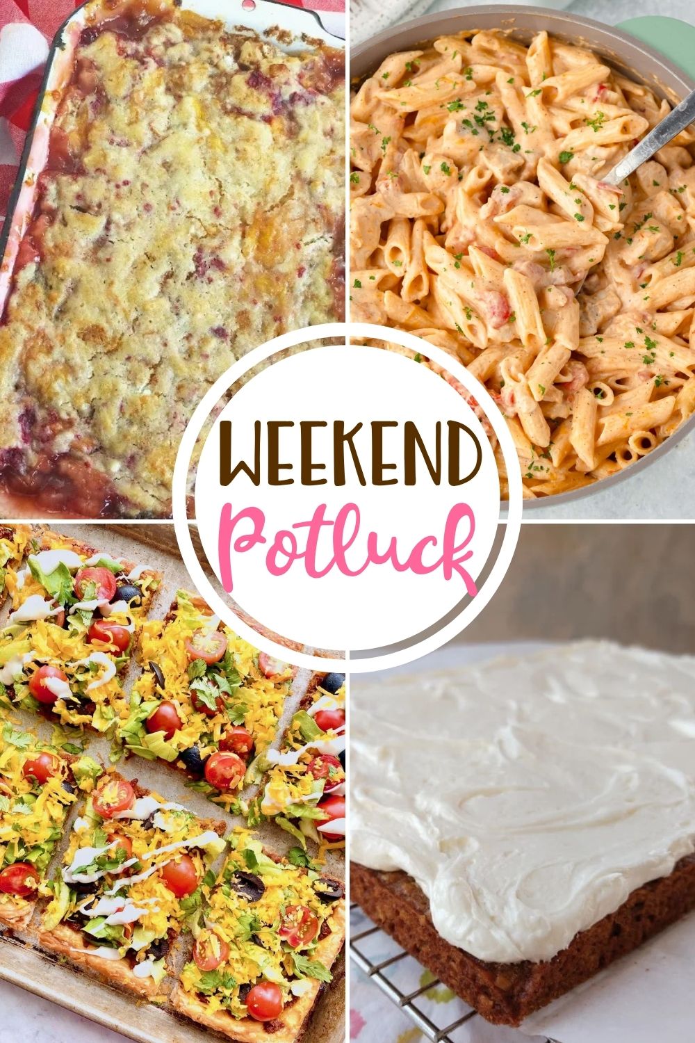 Weekend Potluck featured recipes include: Sugar Cookie Peach Cobbler, Rotel Chicken Pasta, Sheet Pan Taco Bake and Oatmeal Cream Pie Bars.