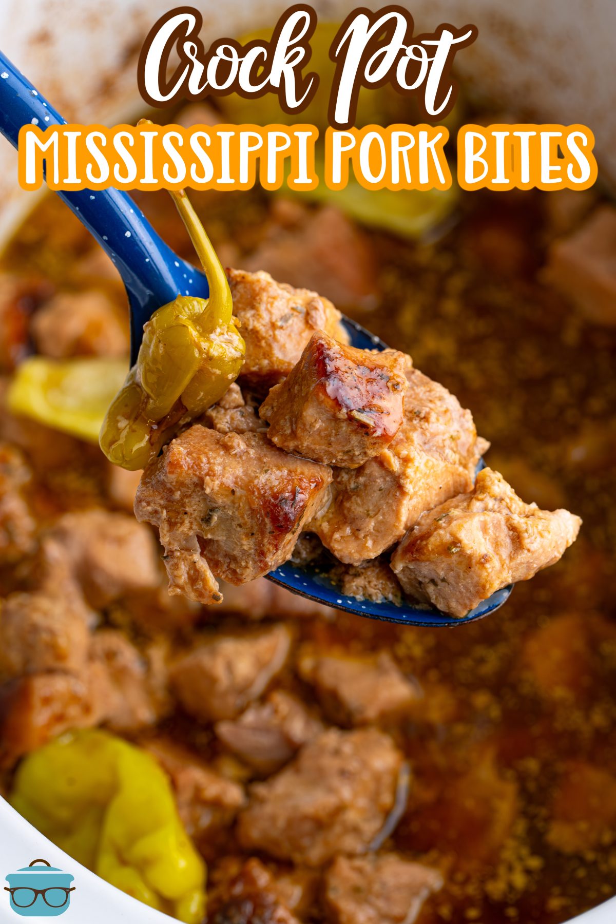 A serving spoon getting a scoop of Mississippi Pork Bites from the Slow Cooker.