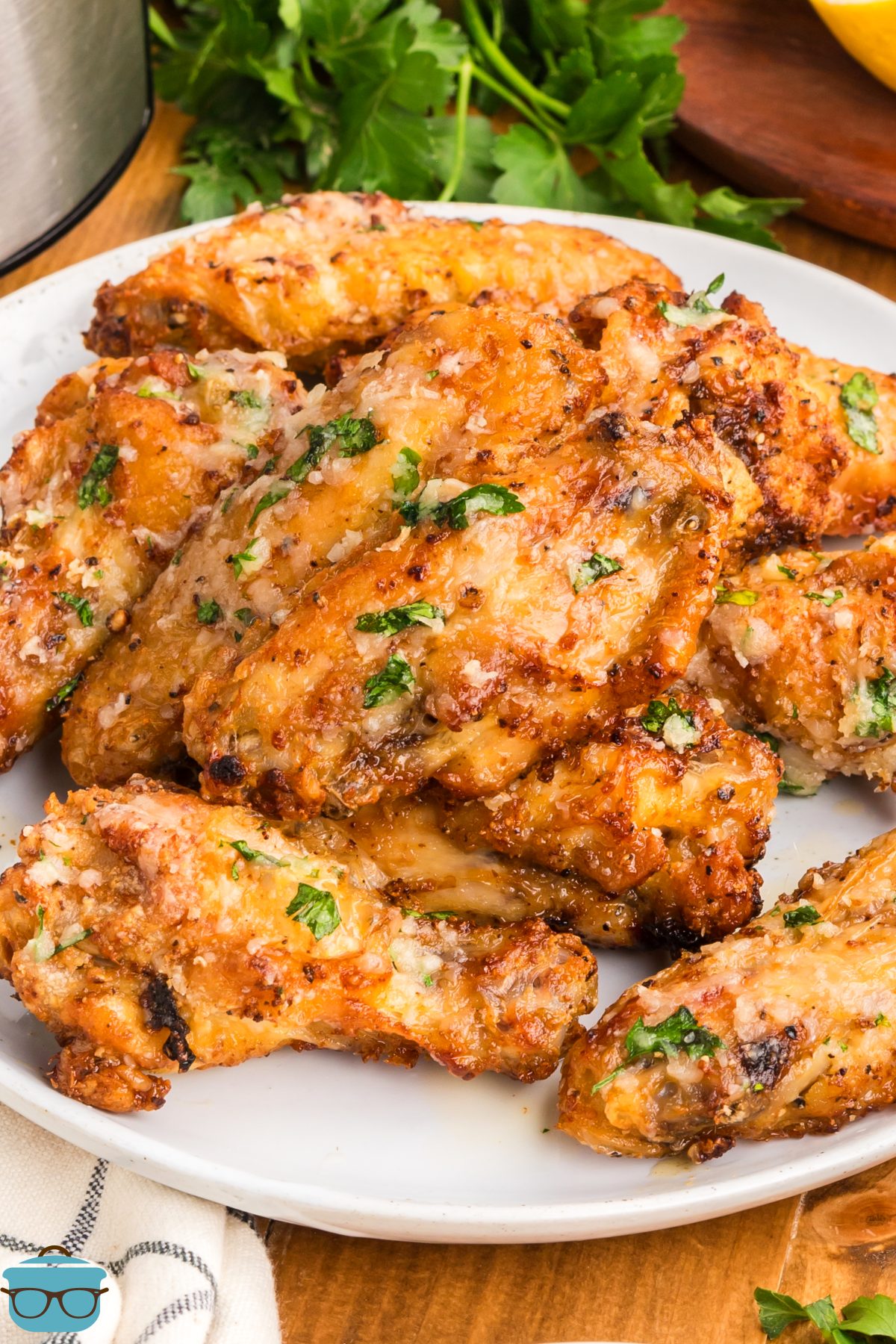 A pile of Air Fryer Garlic Parmesan Chicken Wings.