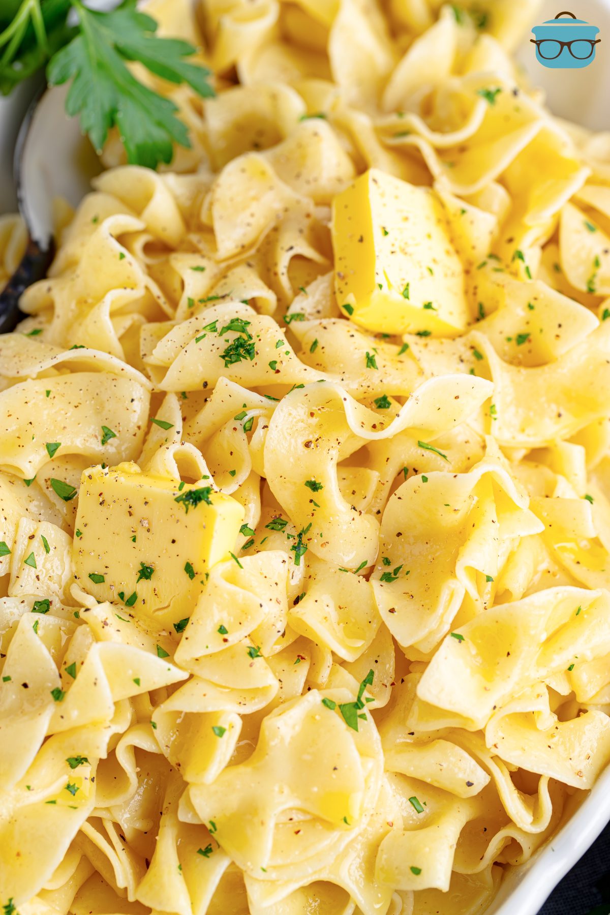 A full serving bowl of Buttered Noodles.