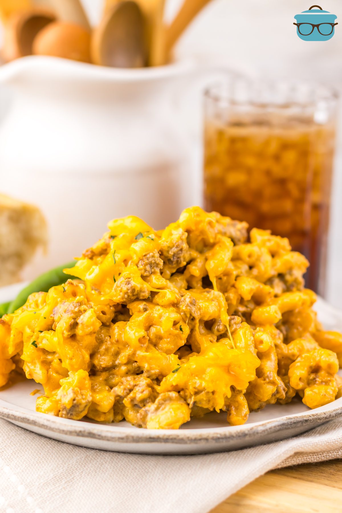 An overflowing plate of Slow Cooker Cheeseburger Helper.