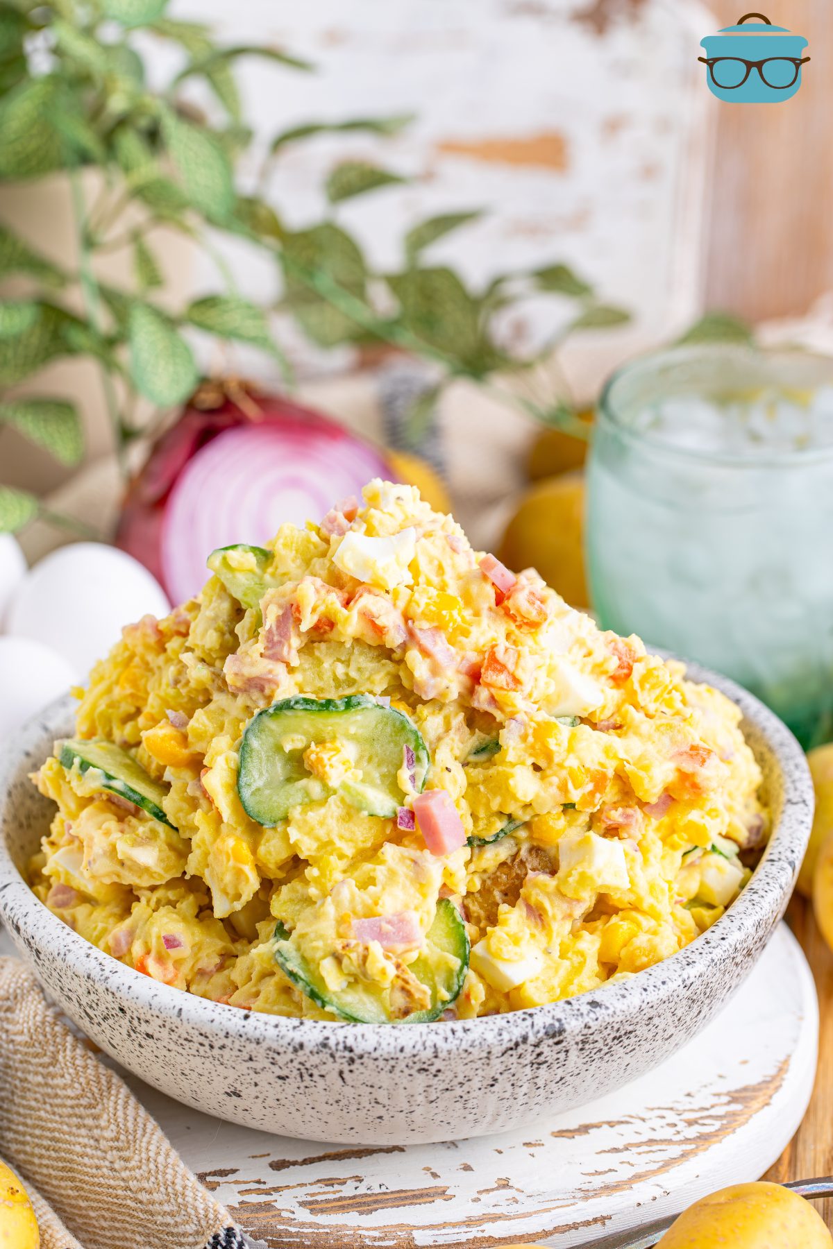 A serving bowl with a large amount of Japanese Potato Salad.