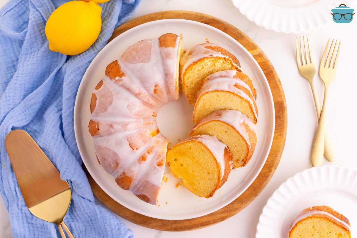 Looking down on a glazed Lemon Pound Cake.