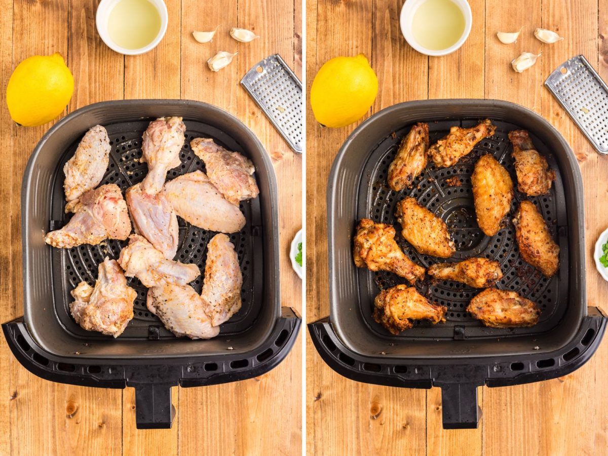 Seasoned wings in an Air Fryer basket and Air Fried Chicken Wings in the basket.