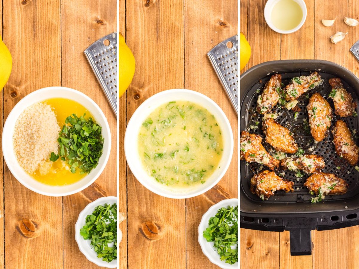 A bowl of garlic parmesan sauce being made and used to coat Air Fried Chicken Wings.