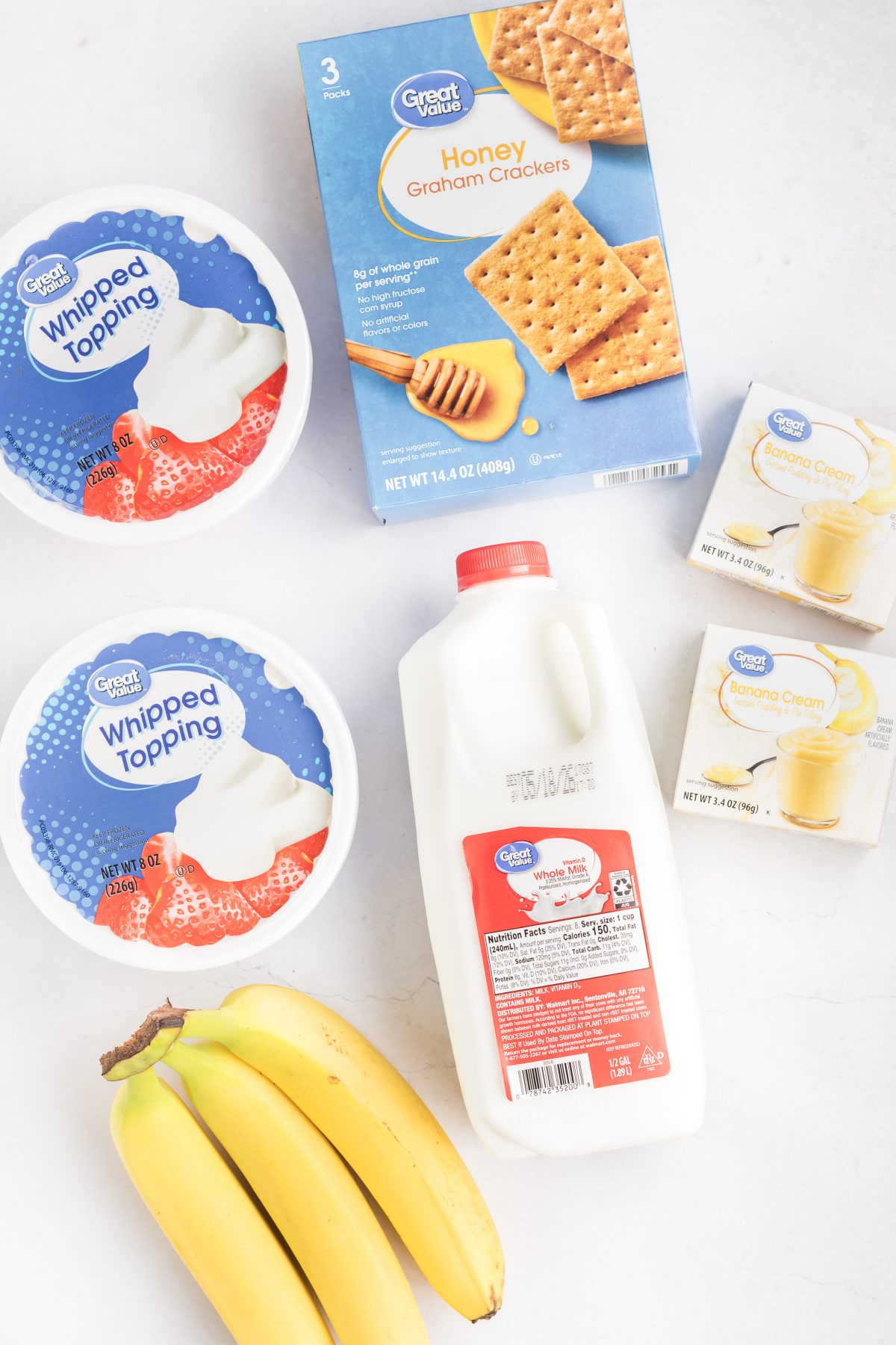 Instant banana cream pudding mix, whipped topping, whole milk, graham cracker squares, and ripe bananas.
