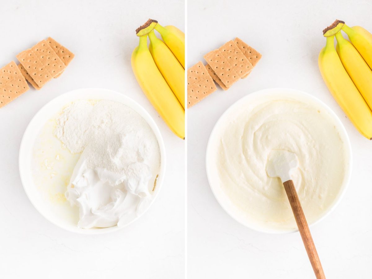 A bowl of pudding mix, whipped topping, and milk being mixed together in a bowl.
