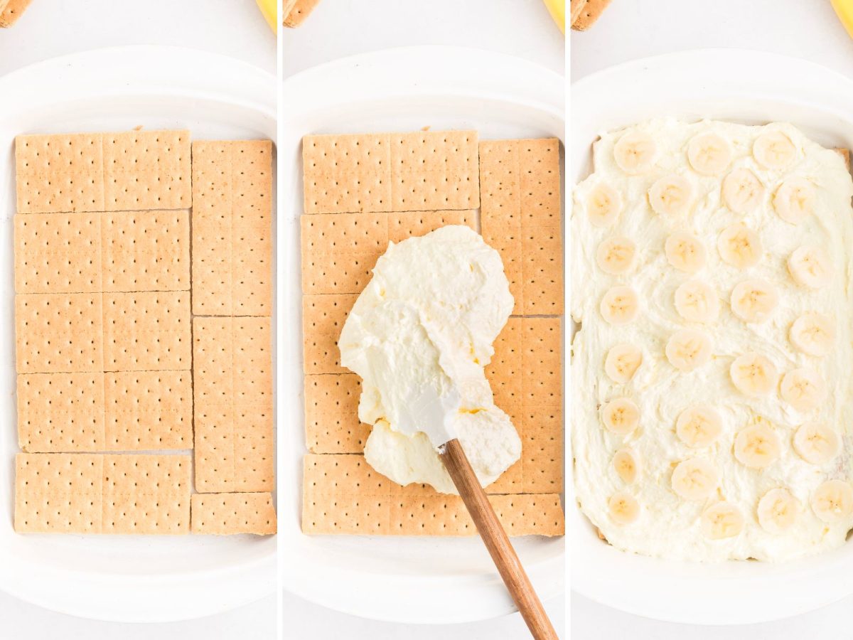 A baking dish with graham crackers, the pudding mixture being spread over the crackers, and a layer of sliced bananas on top.