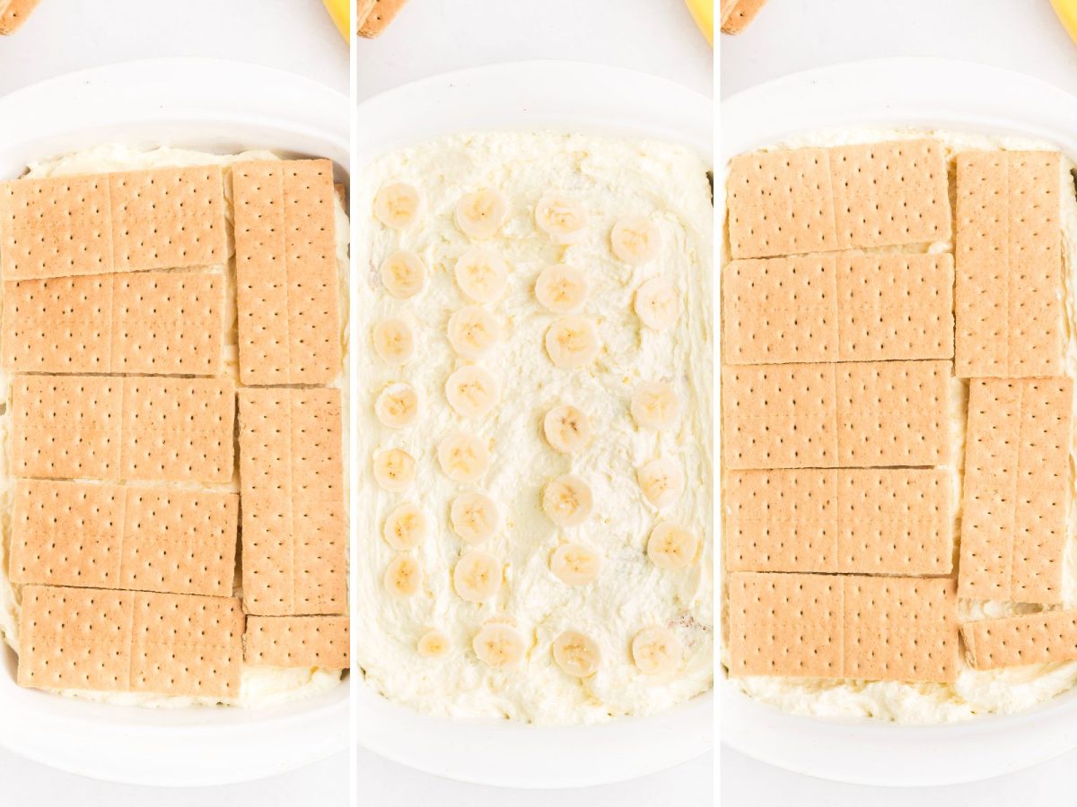 A layered dessert being assembled with graham crackers, pudding mixture, bananas and more graham crackers. 