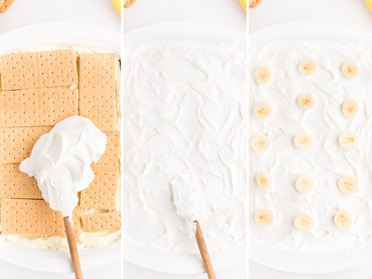 A layered dessert with whipped cream being spread over the top layer of graham crackers and more sliced bananas on top.