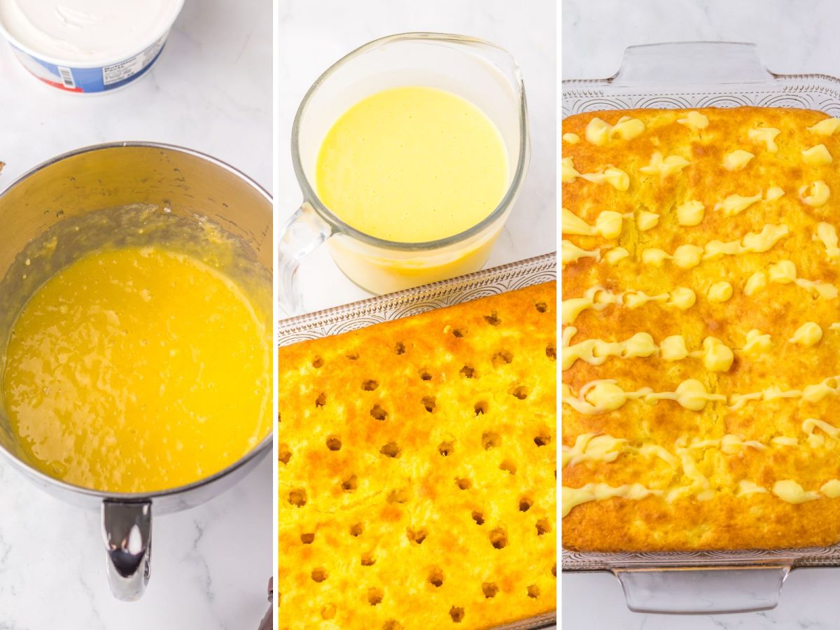 A bowl of cake batter, a baked cake and a cake with holes with a pudding mixture. 