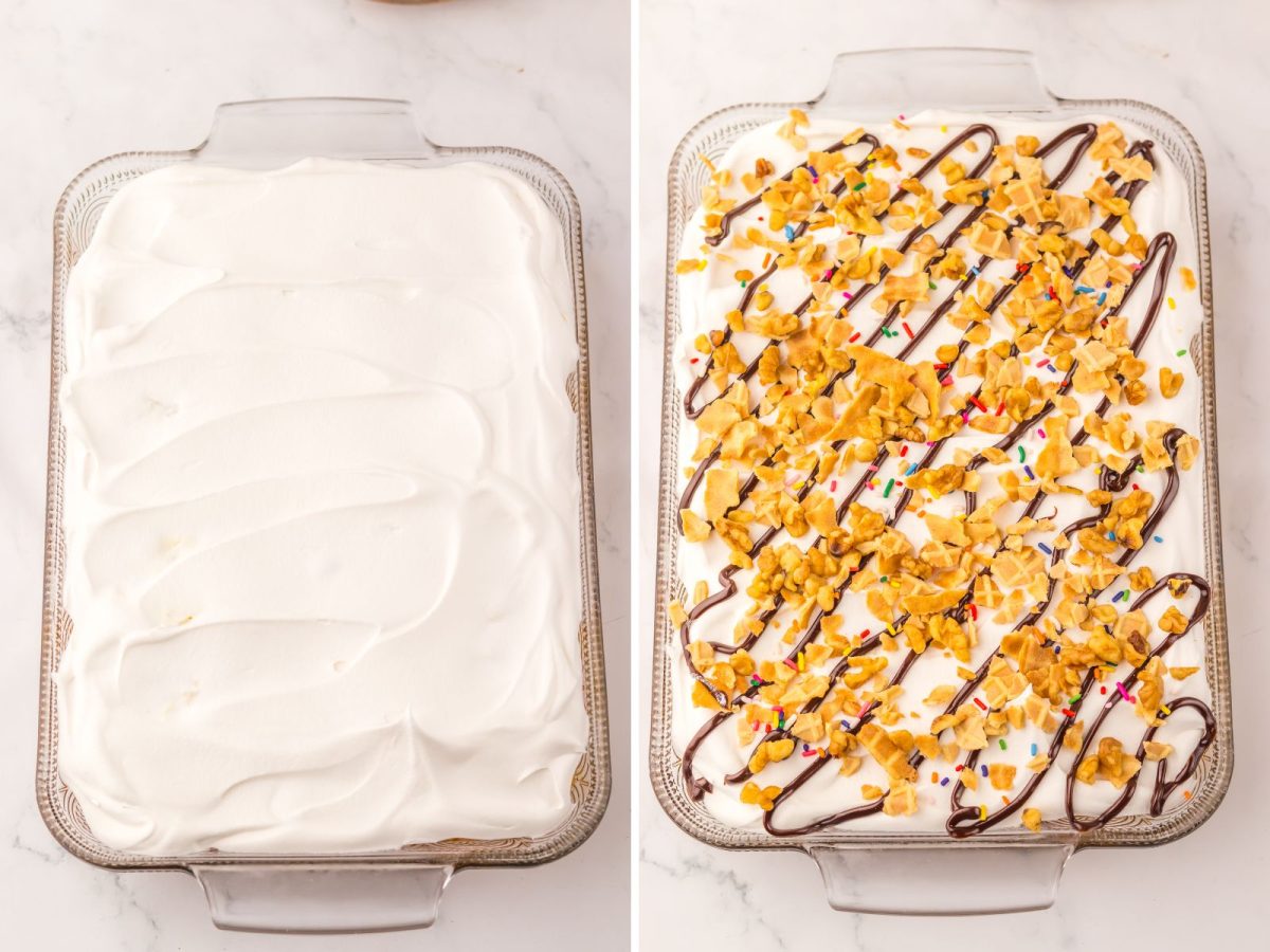 A Banana Split Poke Cake being covered with whipped topping and garnishes. 
