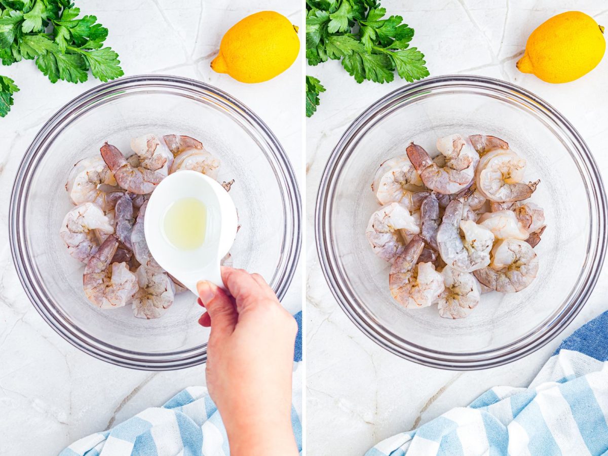 Oil being drizzled over a bunch of shrimp in a bowl. 