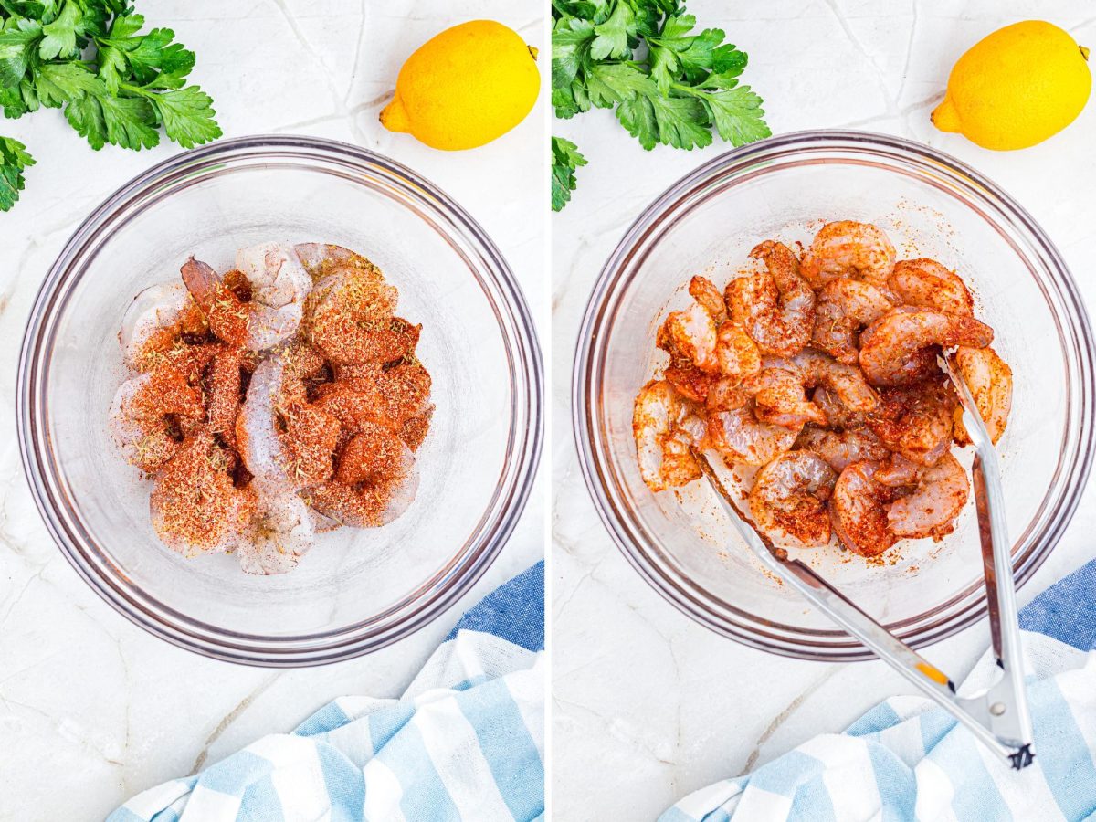 Seasonings being added to a bowl of shrimp and tossed to coat. 