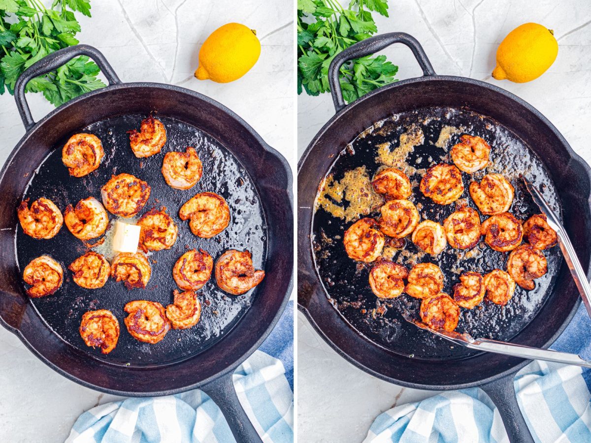 Butter being added to a skillet with shrimp cooking.