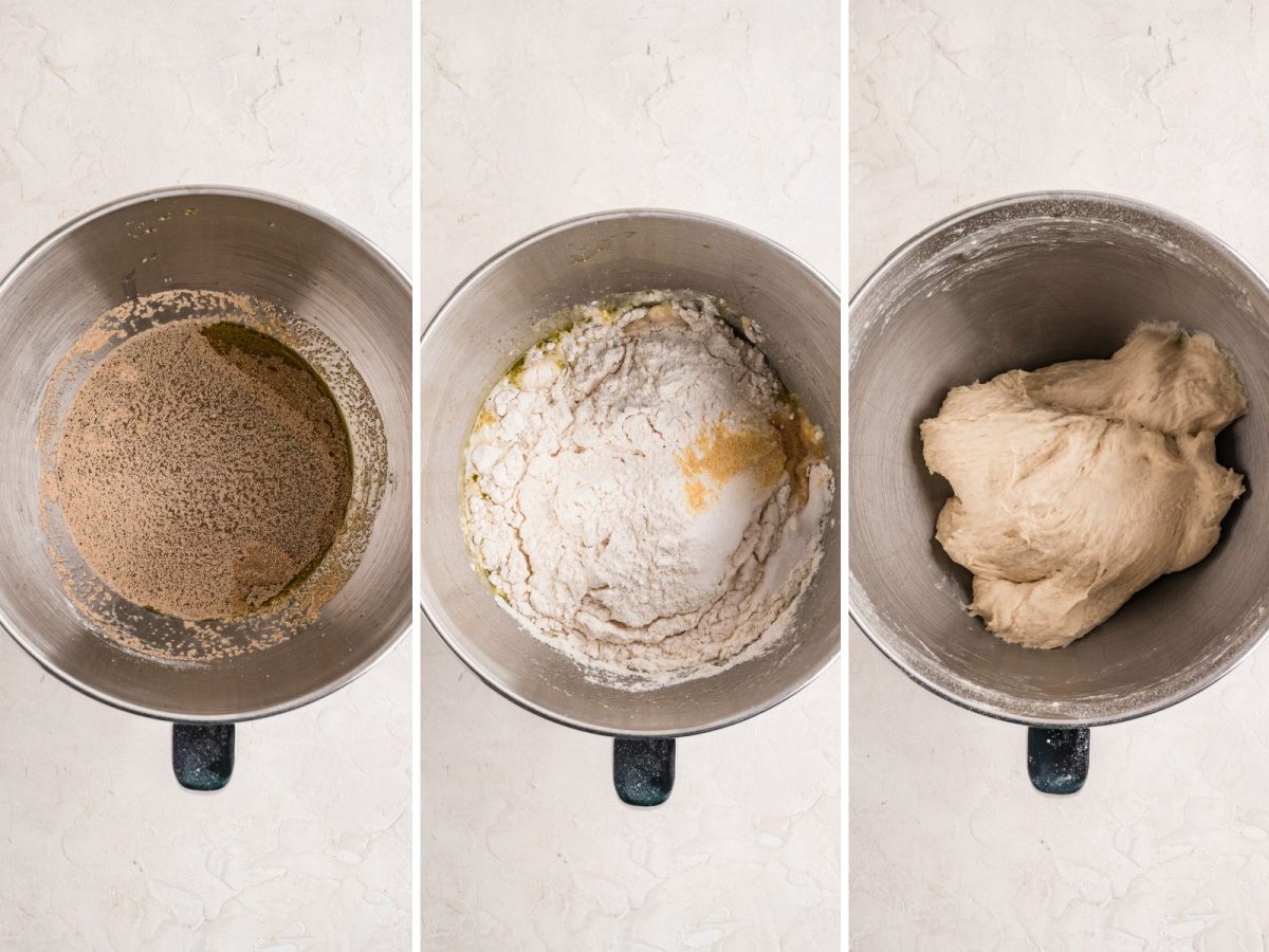 A mixing bowl with ingredients to make bread dough.