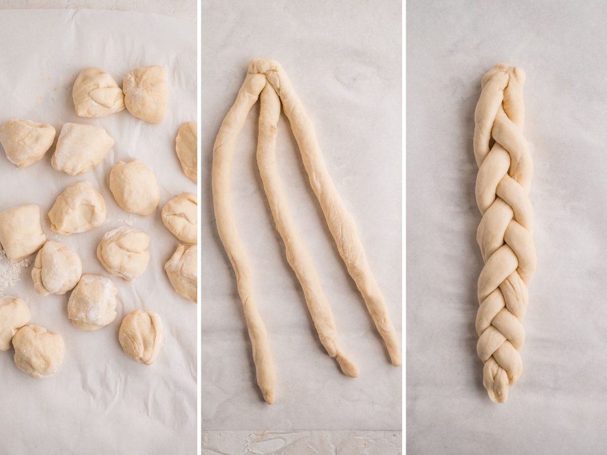 A few pieces of breadstick dough in balls, a few pieces of dough rolled out into braid strands and  braided breadstick dough.