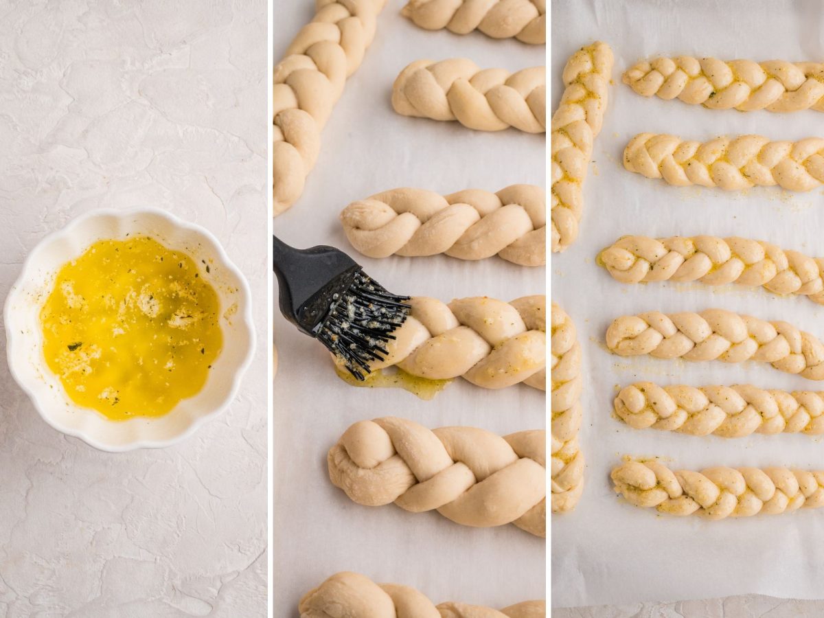 A garlic butter mixture in a bowl, garlic butter being brushed over breadsticks, and garlic butter covered braided breadsticks.