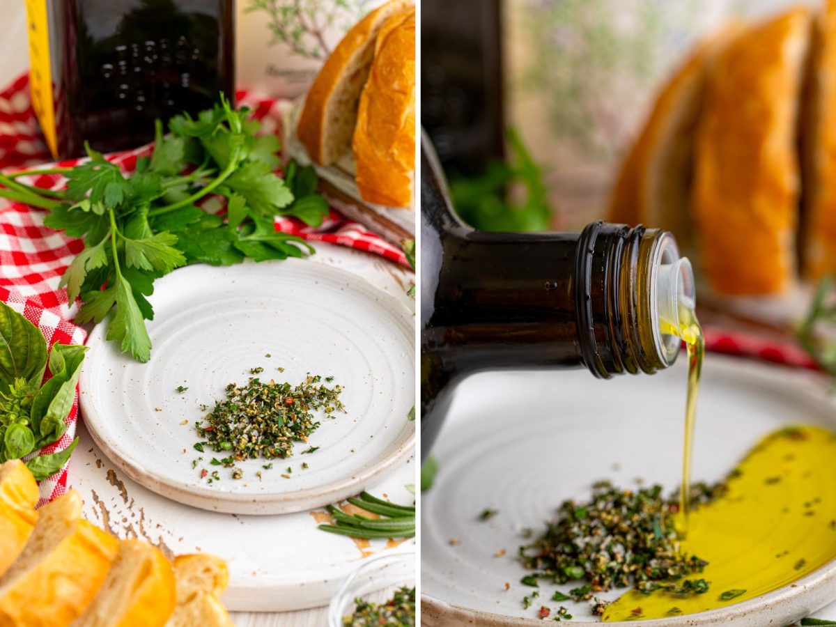 A plate of herb mix and olive oil being drizzled over the plate of herbs.