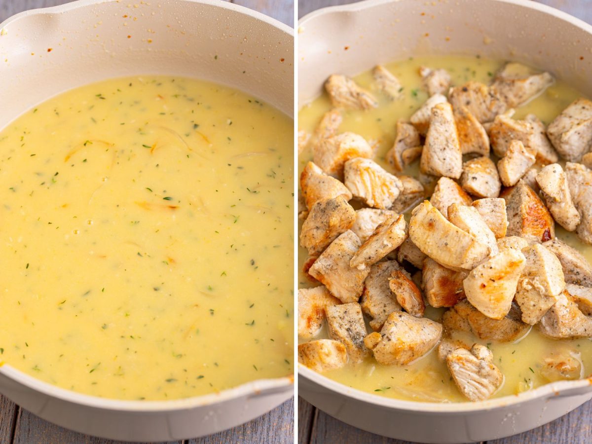 Thickened gravy in a skillet with gravy being added.